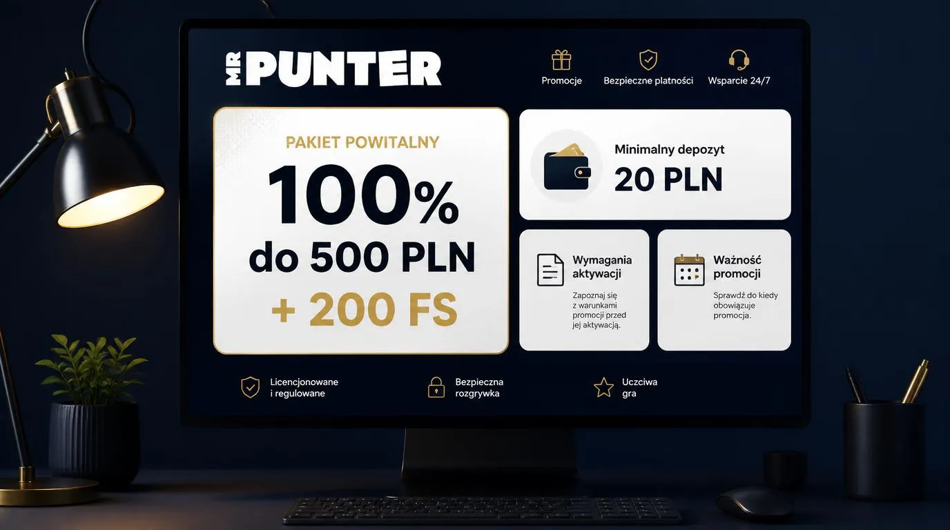 Panel bonusu powitalnego 100% do 500 PLN i 200 FS obok informacji o minimalnym depozycie 20 PLN